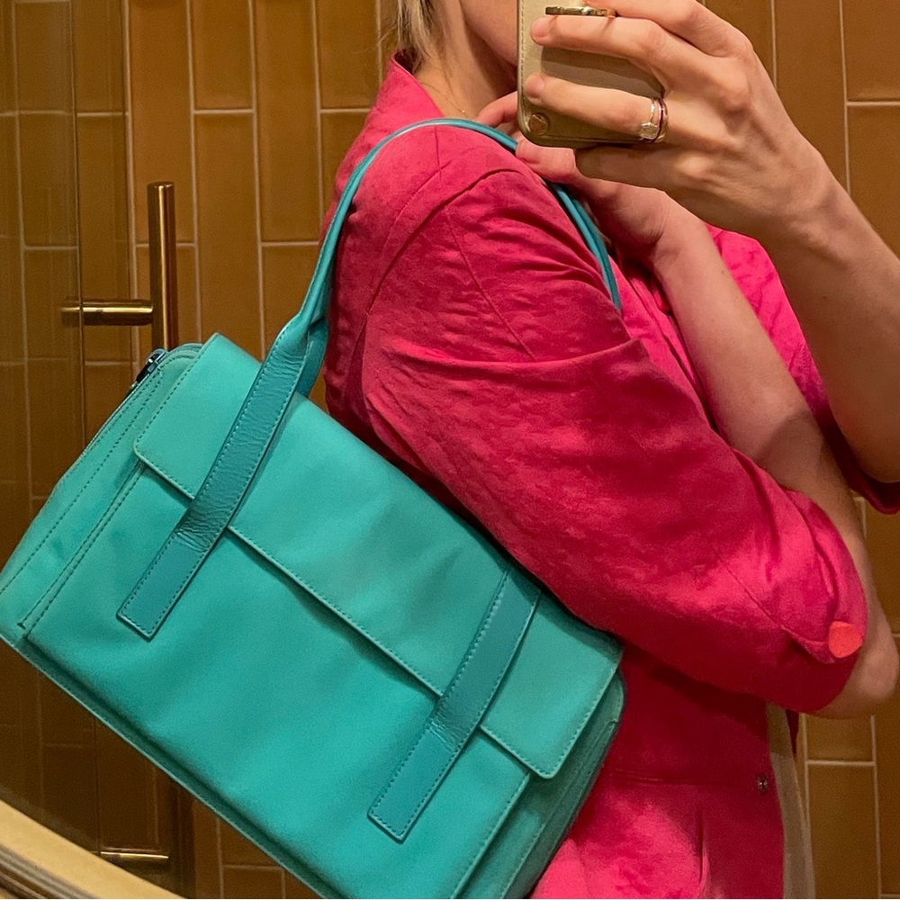 Gucci Turquoise Blue Fabric Handbag with Leather Straps and Gunmetal Hardware - Picture 14 of 16